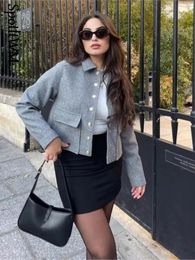 Women's Jackets Grey Woollen Lapel Single Breated Coat Women Elegant Oblique Pocket Long Sleeve Solid Short Coat Autumn Lady Warm Wool Coat 231030