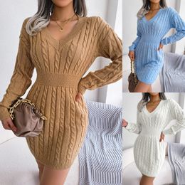 Designer ins style autumn and winter collection waist hemp hip dress long sleeved knit loose waist hip dress V-neck sweater dress