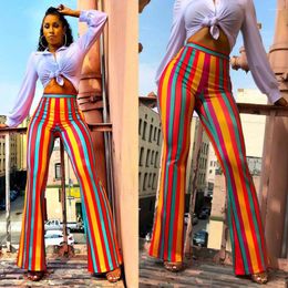 Women's Pants Fashion 2023 Spring Colourful Striped Flare Women Casual High Waist Trousers Bell-bottomed Ladies Palazzo Office