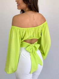 Women's Blouses 2023 Spring Summer Women Candy Colour Off Shoulder Blouse Casual Long Sleeve O-Neck Slim Shirt Female Chic Crop Tops Tunics