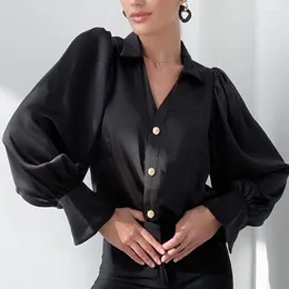 Women's Blouses Spring V Neck Buttons Loose Simple Office Blouse 2023 Long Sleeve Black Casual Satin Shirt Women Lapel Blusas Ladies Tops