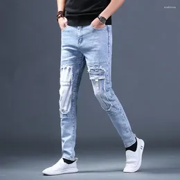 Men's Jeans Light Blue Men Cotton Slim Fit Straight Pants Korean Style Streetwear Printed Ripped Patchwork Denim Trousers