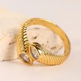 Cluster Rings Trendy Gold Colour Spiral Geometric Wedding Ring For Women Girl Brass Water Drop Zircon Opening Finger Party Jewellery