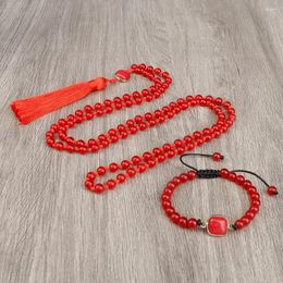Necklace Earrings Set Original 108 Beads Mala Necklaces 6mm Red Handmade Adjustable Bracelets With Tassels For Women Men Gifts Meditation
