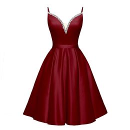 Homecoming Dresses Princess Deep V-Neck Sequins Beading Backless Satin A-Line Lace-up Cocktail Formal Occasion Birthday Prom Graudation Cocktail Party Gowns H008