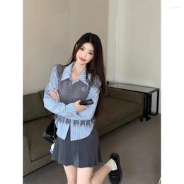 Women's Blouses Grey Short V-neck Torn Knit Vest Retro Lapel Vertical Stripe Slim Fitting Long Sleeved Light Blue Shirts Sweet Two Piece