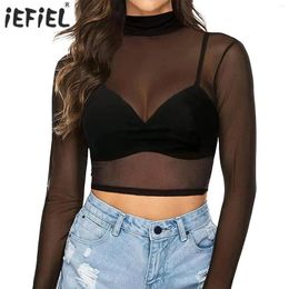 Women's Tanks Women See-Through Mesh Crop Top Mock Neck/Round Neckline Long Sleeve Sheer T-shirt Pole Dance Rave Concert Music Festival