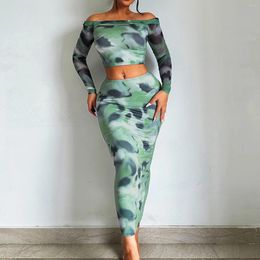 Work Dresses Ladies 2 Piece Knitted Bikini Set Tie Dye Summer Pieces Navel Exposed Shirt Top Maxi Skirt Y2K Sexy Style Beachwear Outfit