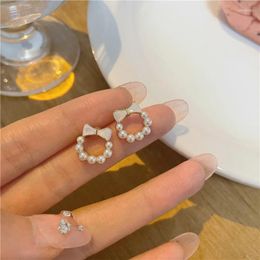 Stud Earrings Korean Sweet Exquisite Bow Pearl For Women Contracted Crystal Round Shape Earring Girl Temperament Jewelry