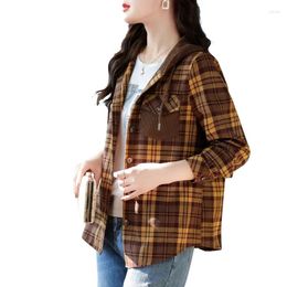 Women's Blouses 2023 Autumn And Winter Style Jacket Fashion Korean Plaid Hooded Plus Size Shirt Casual Sanding Loose Ladies Coat