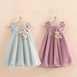 Girl Dresses 2023 Summer 2-12 Years Children Birthday Wedding Solid Color Flower Decoration Princess ElSleeveless Kids Party Dress