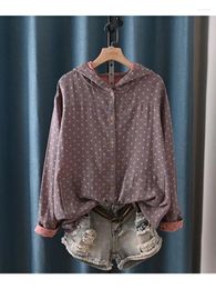 Women's Blouses Polka Dots Pattern Double Layers Cotton Yarn Long Sleeve Hooded Cardigan Shirt Blouse 2023 Autumn