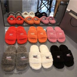 Sandal Furry Sandals Slipper Shearling Embroidery b Family Paris Balencaiiga One Line Wool Tugs Women 2023 New Real Thickened External Wearing Couple