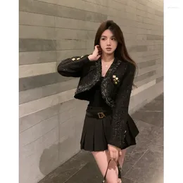 Work Dresses Sweet Girl Suit Women's Autumn Tweed Long-sleeved Short Coat High Waist Pleated Mini Skirt Two-piece Set Female Clothes