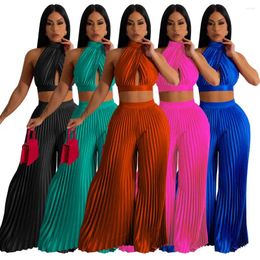 Women's Two Piece Pants Sets Selling Hanging Neck Backless Imitation Silk Pressure Pleated Wide Leg Two-piece Set Women Suit