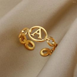 Cluster Rings Gold Colour Classics 26 Letters Hollow-Carved Stainless Steel Decor Ring Hip Hop Initial Opening Adjustable For Women Men