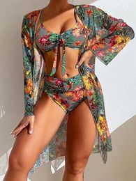 Women's Swimwear Women 3 Pieces Swimsuit Outfits Floral Leaves Print Sling Padded Bra Thong Bottoms Long Sleeve Open Front Cover-Ups Bikini