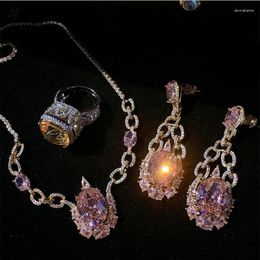 Necklace Earrings Set Princess Series Pink Gemstone Zircon Inlaid Jewellery Accessories And Open Rings For Women Apparel Ornament