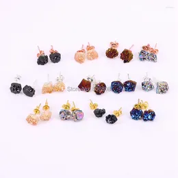 Stud Earrings 10Pairs ZYZ182-8792 Freedom Raw Crystal Metal Plating Quartz Natural Stone Mix Colour Titanium Drusy Geode