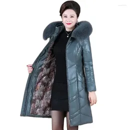 Women's Leather 2023 Winter Pu Parka Women Down Cotton Jacket Furry Collar Coat Female Thicken Warm Mid Long Jackets Tops 8XL