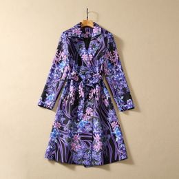 2023 Autumn Purple Floral Print Belted Trench Coat Long Sleeve Notched-Lapel Panelled Double-Breasted Long Outwear Coats S3S200921