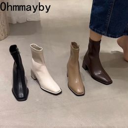 Boots Autumn Design Heel Ankle Boot Fashion Square Toe Zipper Ladies Casual Chelsea Boots Shoes Soft Leather Short Boot 231027