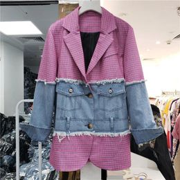 Women's Suits Vintage Plaid Splicing Loose Denim Blazer Women Korean Big Pocket Suit Collar Outerwear Female Patchwork Jeans Jacket Coat