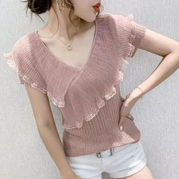 Women's Blouses Elegant V-Neck Spliced Gauze Ruffles Blouse Clothing 2023 Summer Casual Pullovers All-match Office Lady Shirt X681