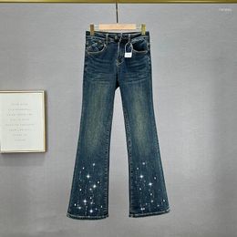 Women's Jeans Denim Flare Trousers Autumn Clothes 2023 Elastic Jean Pants Girls Skinny Rhinestone Female