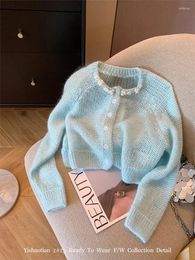 Women's Knits Korean Autumn Women Blue Cardigans Single Breasted Luxury Pearl Cozy Sweater Hollow Out Knitted Fashion Casual O-Neck
