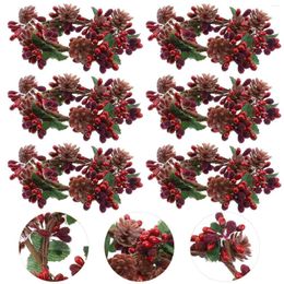 Decorative Flowers Christmas Red Berry Wreath: 6pcs DIY Artificial Pinecone Ring Garland Tealight Stand For Holiday Table Ornaments