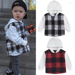 Jackets FOCUSNORM 0-4Y Toddler Kids Boys Casual Shirt Jacket 2 Colours Plaid Patchwork Long Sleeve Button Down Hooded Coats
