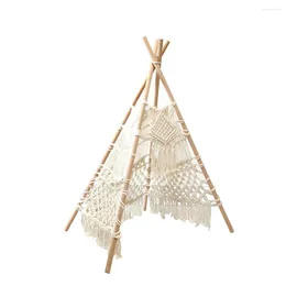 Tapestries Nordic Style Hand-Woven Macrame Tapestry Tent With Wooden Stick Holder Kids Cotton Rope Net Bohemian Pography Decor