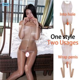 Sexy Socks Women Sexy 1D Oil Shine Super High Waist Sheer To Chest Pantyhose Bodystockings with Penis Cover or Into Hole Sheath Two Usages 231030