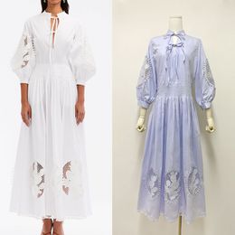 Australian Designer Dress Autumn New Style, Standing Neck Lantern Sleeves Embroidered Hollow Out Long Dress Women's Long Dress