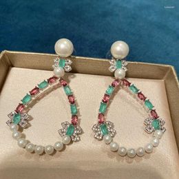 Dangle Earrings Bilincolor Fashion Blue Zirconia And White Pearl Oval Big Drop Earring For Women