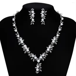 Necklace Earrings Set Pearls Bridal Wedding Leaves Earring CZ Cubic Zirconia Sets For Women Prom Jewelry Accessories