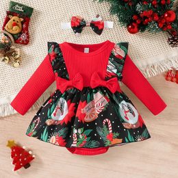 Girls Dresses Christmas Dress Baby Bodysuits Crawl Suit Clothes With Hairband Bow Print Long Sleeve Autumn Toddler Party Clothing 231030