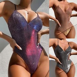 Women's Swimwear Shiny Swimsuit Female Monokini 2023 Push Up Glitter With Rhinestones Bathing Suit