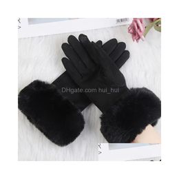 Five Fingers Gloves Women Faux Rabit Fur Wrist Suede Leather Touch Sn Driving Glove Winter Warm Plush Thick Fl Finger Cycling Black Dhtph