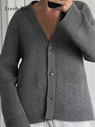 Women's Knits Women V-neck Single Breasted Cardigan Long Sleeve Double Pockets Quilted Ribbed Sweater Female Chic Grey Solid Top Streetwear