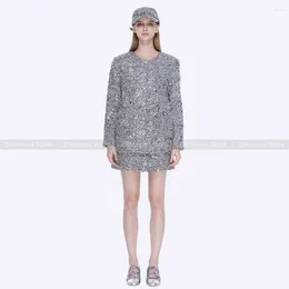 Women's Jackets 23 Years Of Autumn And Winter High-end Heavy Industry Sequins Celebrity Style Single-breasted Silver Beads Long Grey Coat