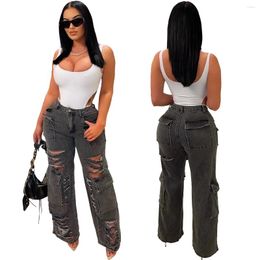 Women's Jeans Spring Summer Woman Fashion Black Holes Ripped Pockets Flare High Waist Cowboy Pants Streetwear