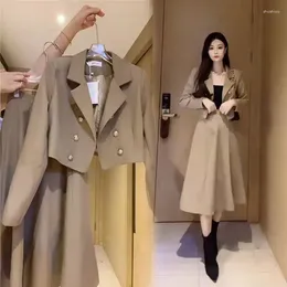 Work Dresses 2023 Women's Autumn Suit Jacket Dress Korean Elegant Casual Blazers Coat Flower Midi Two-piece Set Female Q177