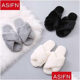 Home Shoes Asifn Winter Women House Slippers Faux Fur Warm Flat Shoes Bedroom Female Slip On Home Furry Ladies Drop 210903 Drop Delive Dh4Gy