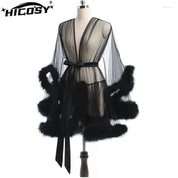 Women's Sleepwear Sexy Feather Robe Large Size Seductive Mesh Perspective Sex Fur Bathrobe Passionate Waist Tightening Dressing Gown Bridal