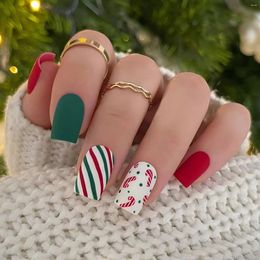 False Nails Matte Mid-length Fake Nail Christmas Candy Cane Colourful Resin Artificial For Women And Girl Salon At Home