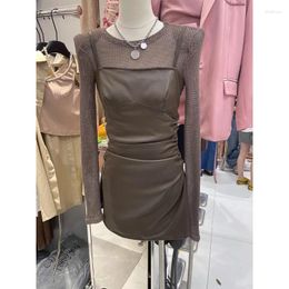 Work Dresses Women Knit Sweater Dress Two-Piece Set Solid Long-Sleeved Shirt Top Suspender Leather Mini Skirt 2023 Autumn Winter Fashion