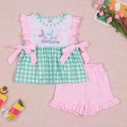 Clothing Sets 2023 Children's T-shirt Short Sleeve Summer Girls Fishtail Embroidery Green Lattice Top Clothes And Pink Shorts Baby