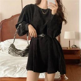 Casual Dresses Long Sleeve Women Solid Black Mini Dress Ladies Fall O-neck Simple Loose Trendy Temperament French Style